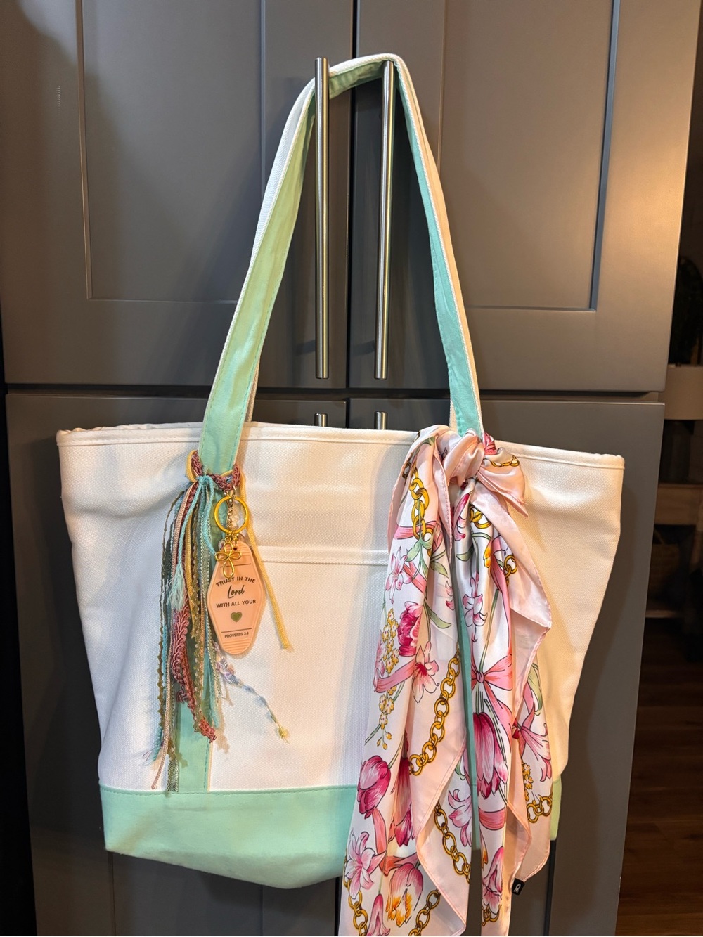 White Canvas Tote with Mint Trim and Floral Scarf Accent